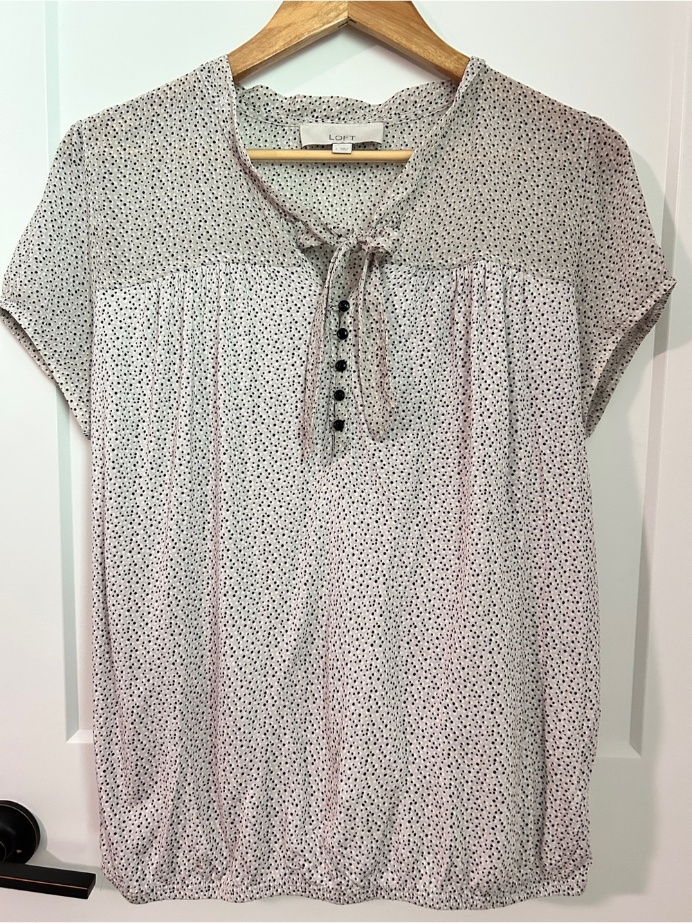 LOFT Tie Neck Polka Dot Short Sleeve Blouse Women’s Large